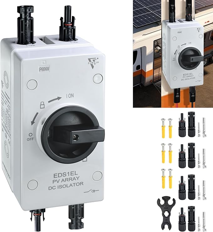 Solar Disconnect Switch 4-Pole DC1500 32A Isolator Solar Switch with Enclosure for Rooftop Solar Systems RVs and Boat Waterproof IP66 Black 2MC4