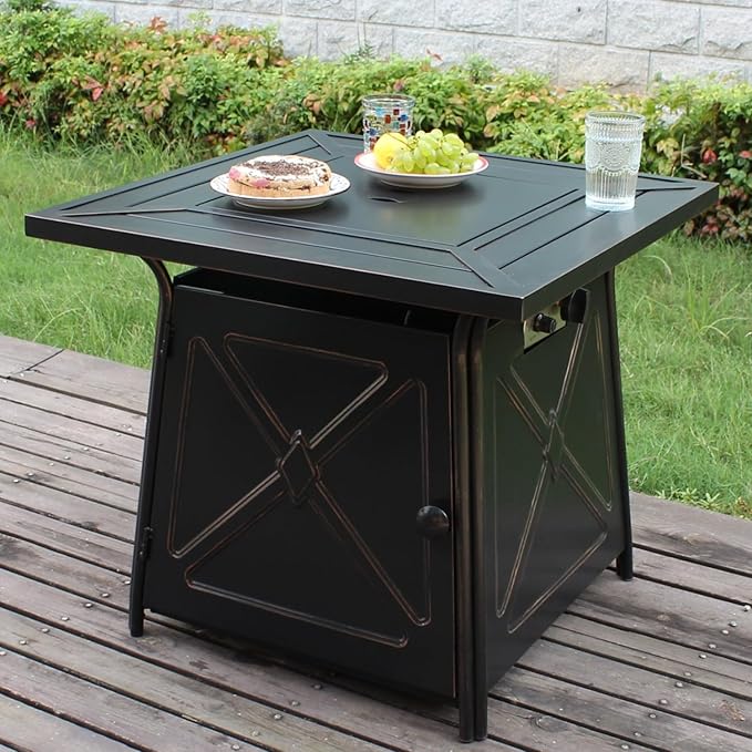 OutVue 28 inch Propane Fire Pit TableGas Fire Pits Table for Outside50000 BTU Propane Firepit with Lid &ampLava RocksGas Firepit for GardenYard (Black)