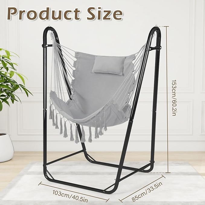 U-Shaped Hammock Chair with Stand Heavy-Duty and Rustproof Hanging Chair with Stand Bohemian Style Tassel Hammock Swing Chair Stand with Headrest and Side Pockets for Yard Garden (Light Gray)