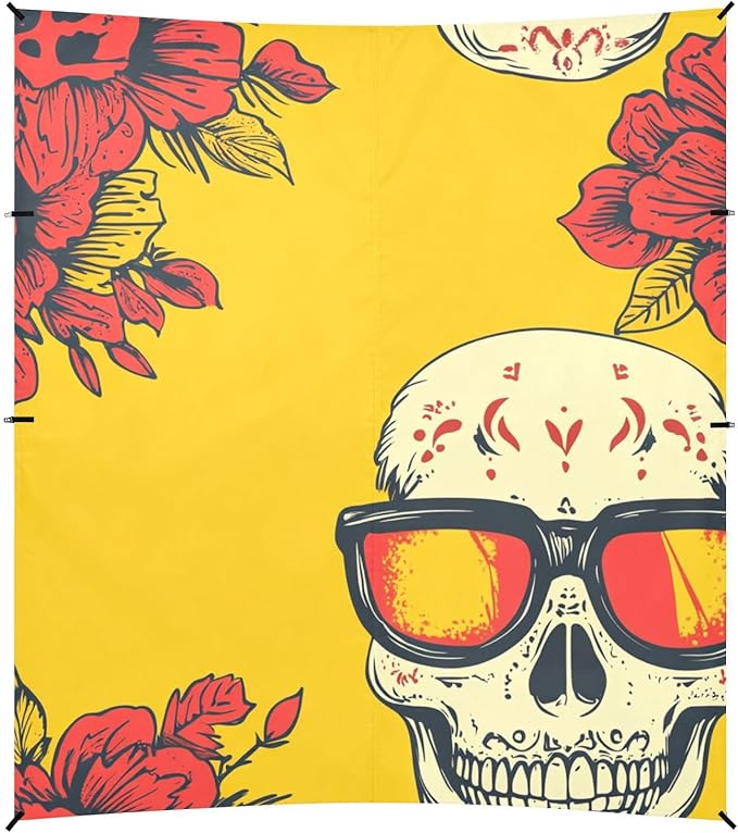 Mexican Style Cinco De Mayo Sunglasses Dia De Muertos Skull Beach Cabana UPF50+ Lightweight Large Sun Shelter with Sandbags Sand Shovel Poles for Camping Picnics Backyard