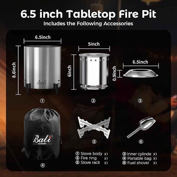 BALI OUTDOORS 6.5 inch Tabletop Fire Pit Round Stainless Steel Table Top Firepit Small Outdoor Smokeless Firepit Portable Silvery