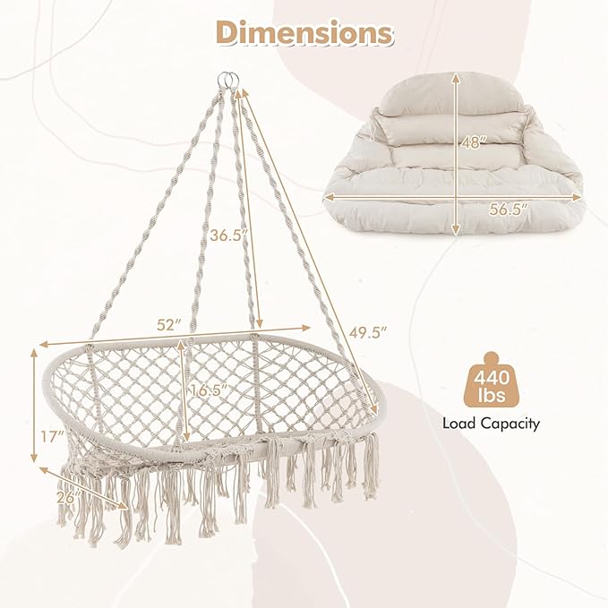 Tangkula 2-Person Hanging Hammock Chair Boho Style Macrame Hammock Swing with Soft Cushions Tassels Indoor Outdoor Cotton Rope Hanging Swing Chair for Bedroom Porch Balcony