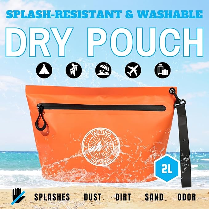 Tactiko 30L 100% Waterproof Backpack &amp 2L Splashproof Tarpaulin Zipper Pouch - Roll Top Dry Bag for Watersports &amp Travel Bag - Protection from Water Mud Sand Outdoor Camping (Orange)