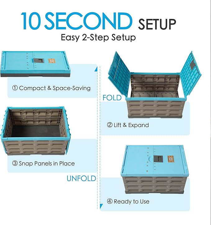 2 Pack Heavy Duty Storage Bins with Lids 12 Gallon Collapsible Plastic Containers 400 LBS Stacking Strength Foldable Locking Box for Garage Camping Truck Bed (Blue - 45L - Pack of 2)
