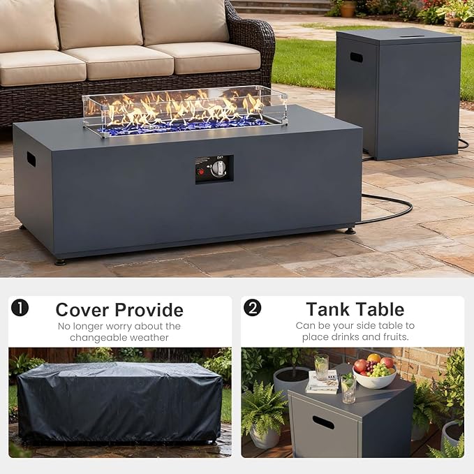 42 Propane Fire Pit Table Set with Tank Holder Rectangle 2-Piece Outdoor Firepit Wind Guard Lid Glass Stones and Cover