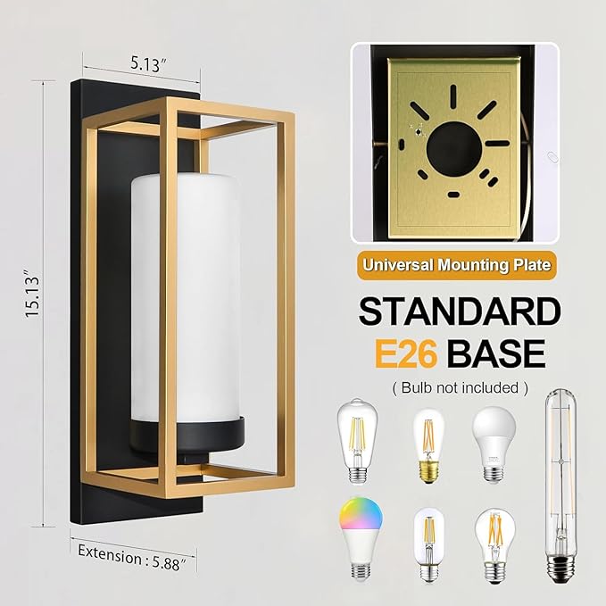 ALVIME Modern Outdoor Wall Lights 2 Pack Brushed Gold &amp Matte Black Exterior Sconce Waterproof Porch Light for House Garage Front Door Living Room Bathroom E26 Base Etched Opal Glass