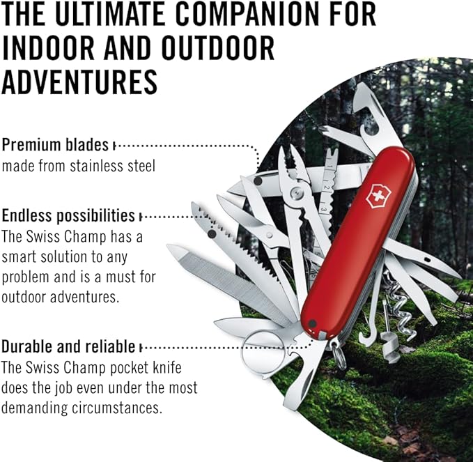 Victorinox Swiss Champ Swiss Army Knife 33 Functions Swiss Made Pocket Knife with Large Blade Screwdriver Chisel and Combination Pliers - Red