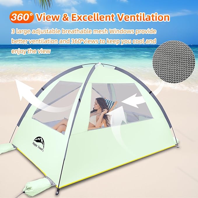 Happy Travel Beach Tent Sun Shelter for 3/4/5/6/7/8 Person Portable UPF 50+ UV Protection Beach Shade Canopy for Family &amp Baby Lightweight &amp Easy Setup Beach Cabana with 3 Ventilation Mesh W