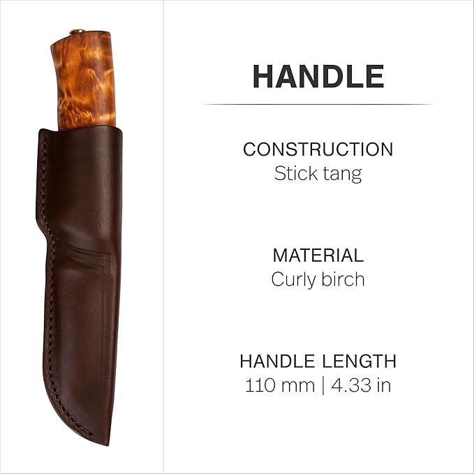 HELLE Knives - Eggen - Triple Laminated Stainless Steel Outdoor Adventure Camping Knife with Sheath Stick Tang Fixed Blade Curly Birch Handle Made in Norway