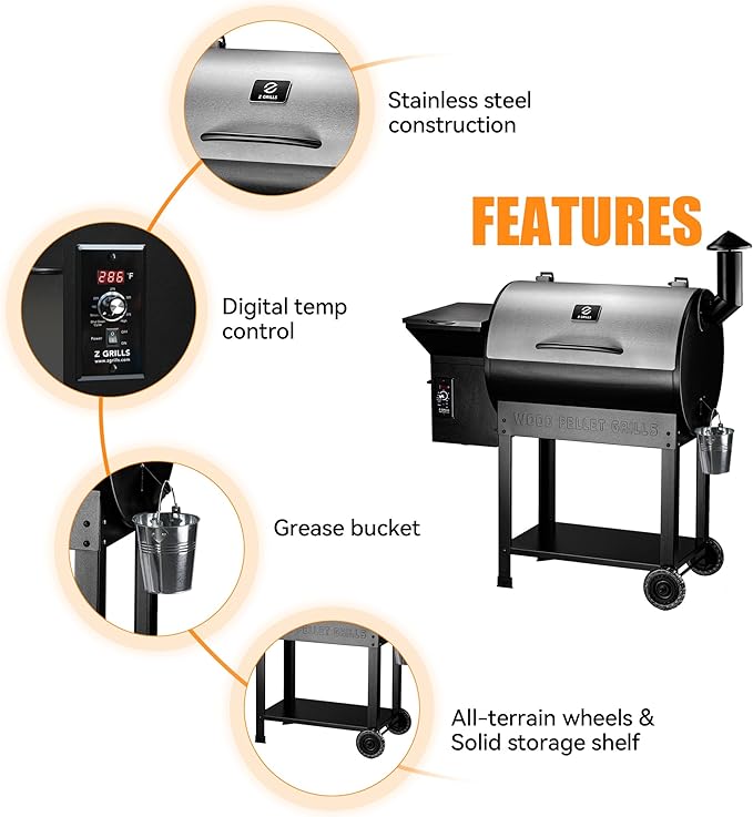 Z GRILLS Wood Pellet Smoker Grill 8 in 1 BBQ Grill with Auto Temperature Control 697 sq in Cooking Area for Backyard Patio and Outdoor Cooking 7002E Sliver