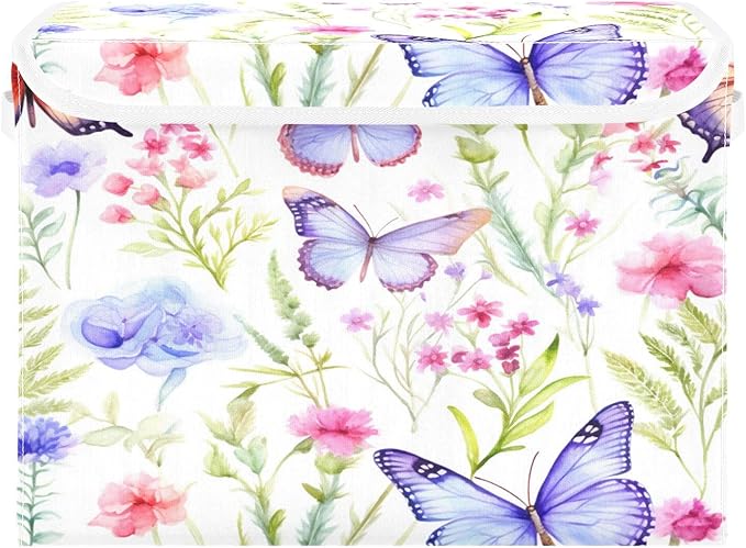 senya Baskets Collapsible Storage Bins with Lids Butterfly Pattern Spring Flowers Storage Boxes Clothes Baskets for Organizing B06D22020