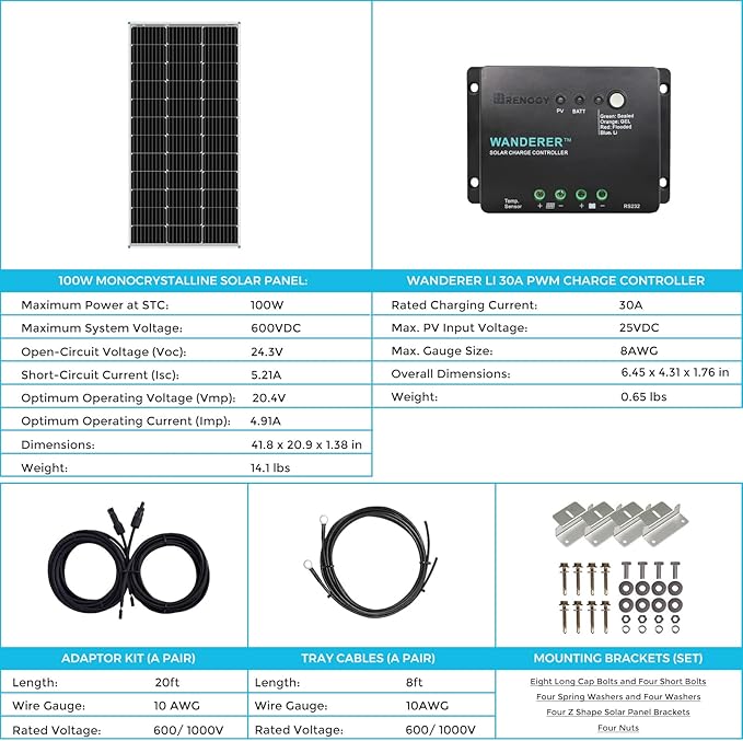 Renogy 100W 12V Solar Panel Starter Kit 100 Watt Monocrystalline Solar Panel 30A LCD PWM Charger Controller Adaptor Kit Tray Cables Z Brackets for RV Camper and Other Off Grid Applications