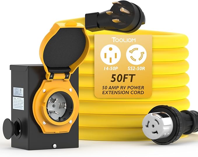 TOOLIOM 50 Amp Generator Cord 50FT and 50 Amp Generator Inlet Box NEMA 14-50P/SS2-50R Twist Lock 125/250V 12500W 6/3+8/1 AWG SJTW Generator Power Cord Pre-Drilled Generator Inlet Box UL&ampETL Li