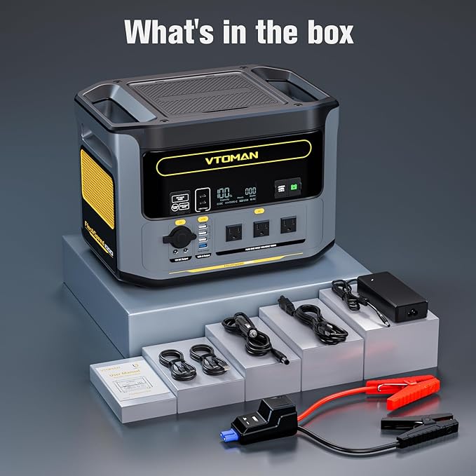 VTOMAN FlashSpeed 1000 Portable Power Station with Jumper Cables 828Wh LiFePO4 Solar Generator &amp Car Jump Starter 1H Fast Charging 2000W Peak for Home Backup Camping Roadside Emergencies