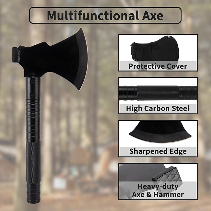 Survival Shovel Survival Axe Heavy-Duty Carbon Steel Camping Folding Shovel with Multiple Extension Handles(7.3-21.9In) Suitable for Survival Tools in Camping Off-Road Excavation and Hiking