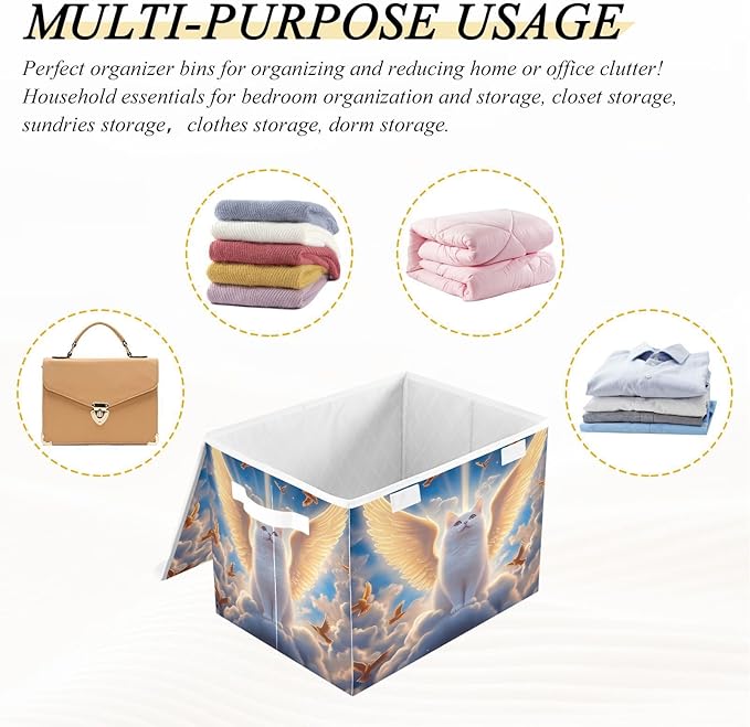 White Cat Wings Clouds Birds Storage Bins with Lids Foldable Storage Boxes Cube Closet Storage Baskets Container Organizers for Home Bedroom Office