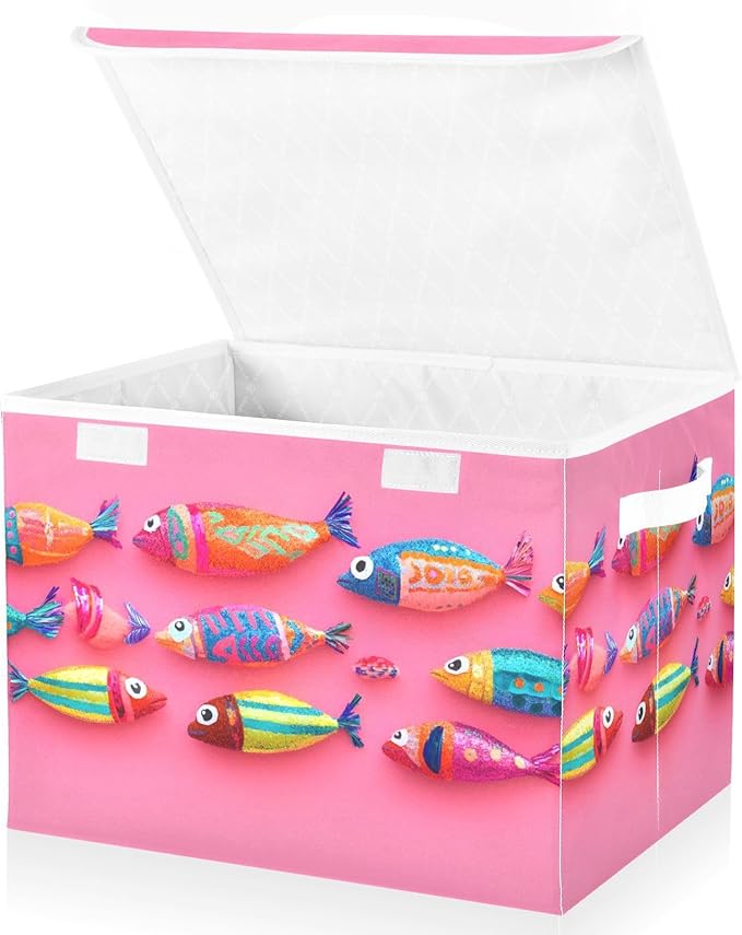 AIXIWAWA Lidded Storage Cube (Cute Fishes) Fabric Foldable Closet Bins with Flip Lid and Handles Organizer Basket Container 16.5 x 12.6 x 11.8 IN