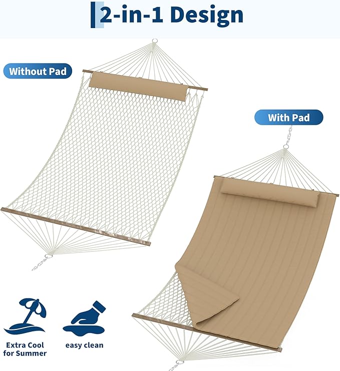 2 Person 12FT Hammocks for Outside Double Quilted Fabric Outdoor Hammock with Spreader Bar Large Removable Pillow Storage Pockets Carabiners Max 450 Lbs Capacity