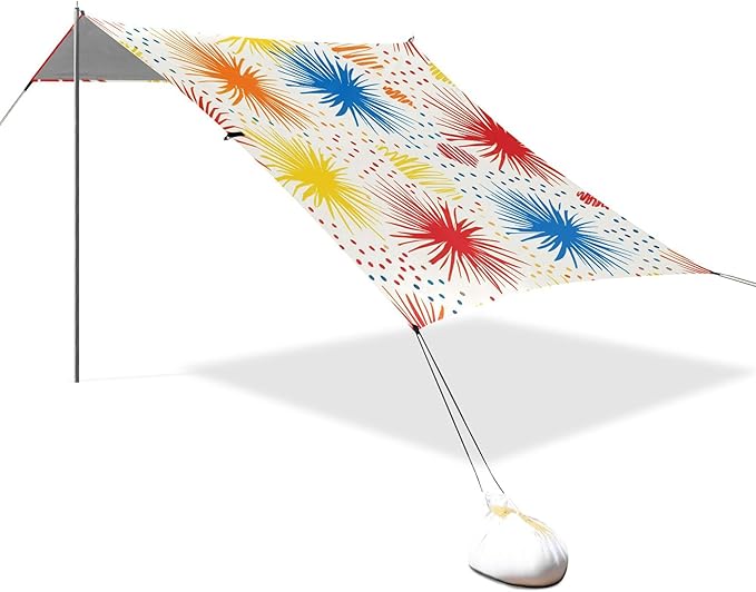Fireworks Beach Canopy Sun Shelter with Sandbags &amp Sand Shovel &amp Windproof Ropes - Portable 110x126 Beach Shade Beach Tent for Camping Picnics