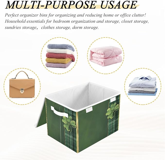 Storage Baskets with Lids Green Plaid Clover Collapsible Bins Stackable Fabric Linen Baskets Closet Organizer Container 16.5x12.6x11.8