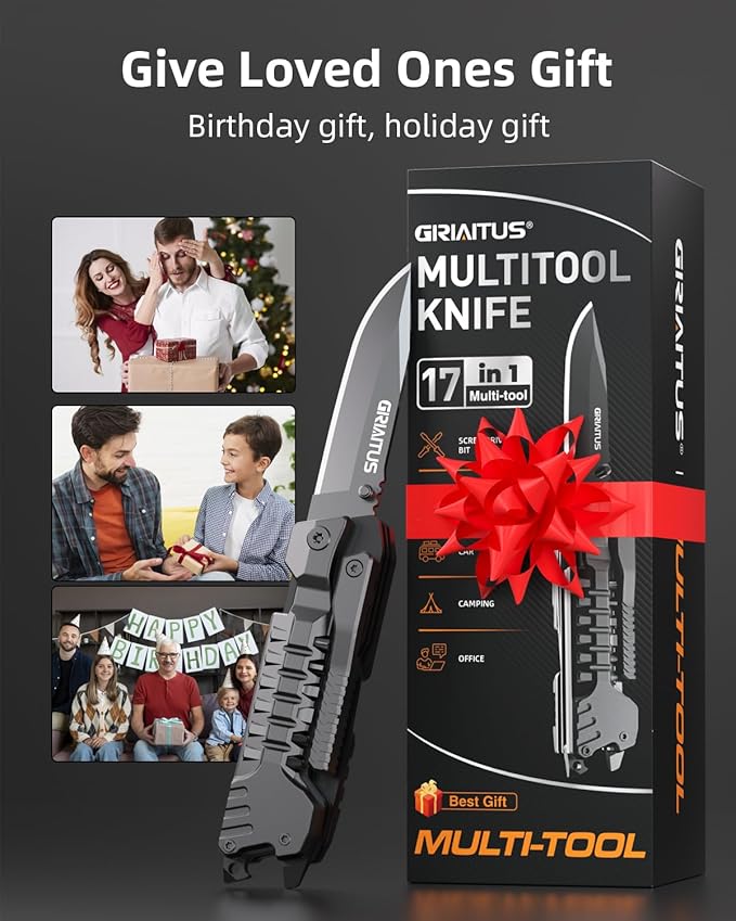 Multitool Knife 17 in 1Fire Starting Sticks Bottle Opener Saw Screwdrivers Bottle Opener Whistle Window Breaker and More -Perfect for Camping Outdoor Survival and Everyday UseGifts for Men Dad