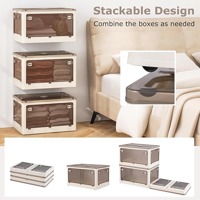 GOFLAME 3-Pack Storage Bins with Lids 46QT Stackable &amp Collapsible Plastic Storage Boxes with Wheels Foldable Closet Organizers with 5 Opening Ways