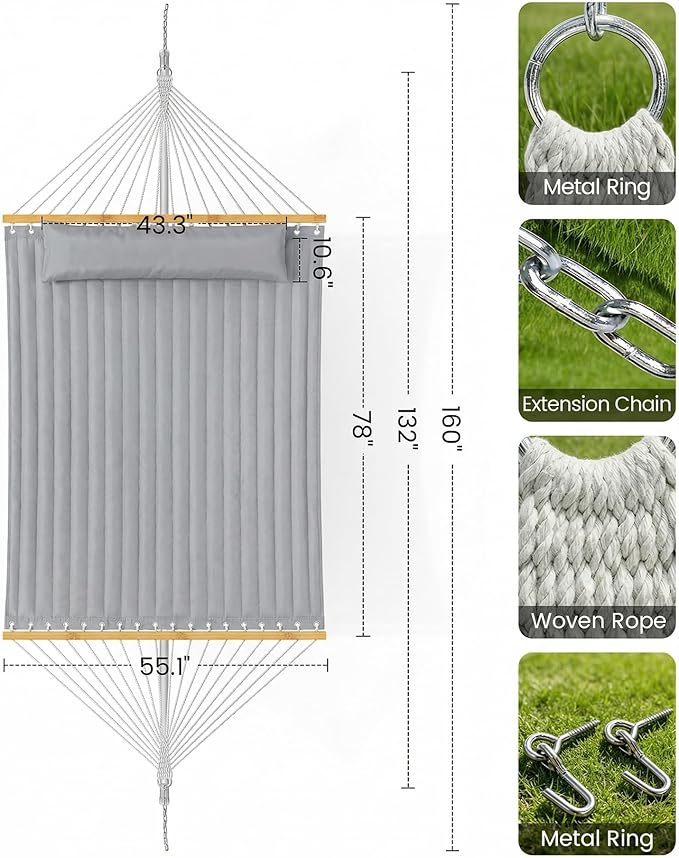 ANAGOO Double Quilted Outdoor Hammock for 2 Adults 500lb Capacity Backyard &amp Camping Hammock with Pillow and Bamboo Spreader Bar Fits 11–15ft Hammock Stands (Stand Not Included)Dark Gray