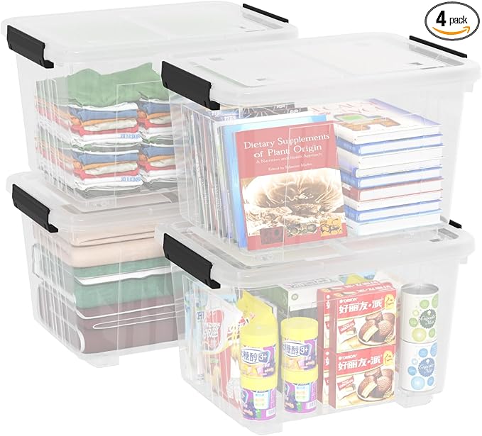4-pack 50 Quarts Lidded Storage boxes Large Clear Plastic Bins with Wheels