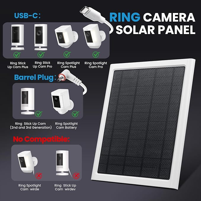 Ring Solar Panel8W Ring Solar Charger Compatible with Stick Up Camera &amp Pro Spotlight Plus &amp Pro Stick Up Spotlight Cam Battery9.35ft Long Cable with USB-C for Outdoor Cameras (White 2 Pa