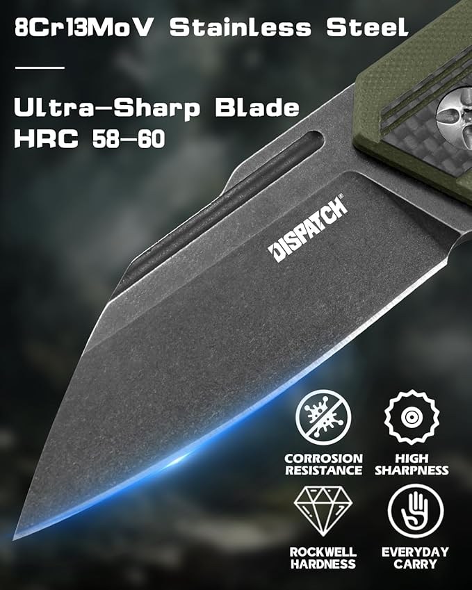 DISPATCH 2.83'' Folding Pocket Knife with 8Cr13MoV Reverse Tanto Blade Military Green G10 + Carbon Fiber Handle Frame Lock Front Flipper EDC Knife with Pocket Clip for Camping Hiking and Outdoor Us