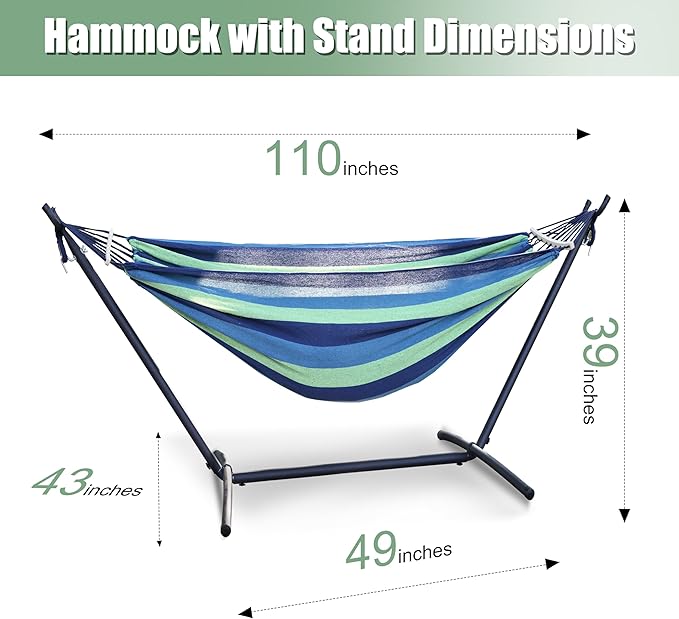 Double Hammock with Freestanding Steel Stand Portable &amp Easy Setup 550lb Capacity Heavy Duty for Patio GardenBackyard Camping Indoor &amp Outdoor - Includes Carry Bag (Blue Stripe)