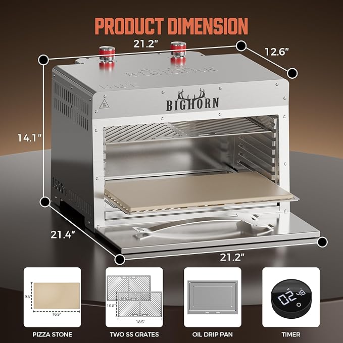 BIG HORN 2 Burner Infrared Gas Grill - 1500℉ Steak Cooker &amp Salamander Broiler Tabletop Propane Grill with Pizza Stone for Outdoor Cooking Stainless Steel Gas BBQ Grill