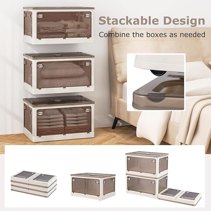 GOFLAME 3-Pack Storage Bins with Lids 72QT Stackable &amp Collapsible Plastic Storage Boxes with Wheels Foldable Closet Organizers with 5 Opening Ways for Bedroom Kitchen