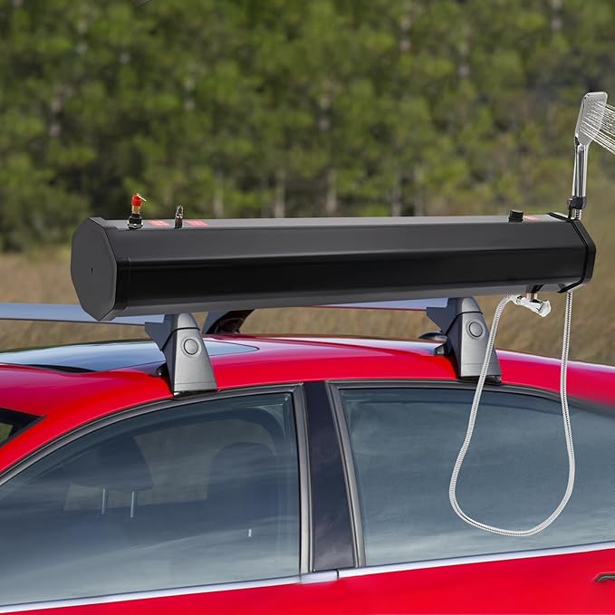 Pressurized Water Tank for Camping 7.93Gal 60℃/140℉ Portable Camping Showerhead Roof Rack Mount with 5.58Ft Long Water Pipe Storage Bag for Surfing Beach Travel Camping Off-Road