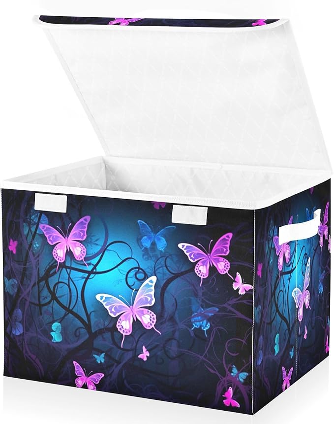 YETTASBIN Purple Blue Butterfly Storage Basket with Lid and Handles Large Collapsible Fabric Storage Bins Durable Storage Organizer for Shelves Closet Bedroom School Office Home Decor