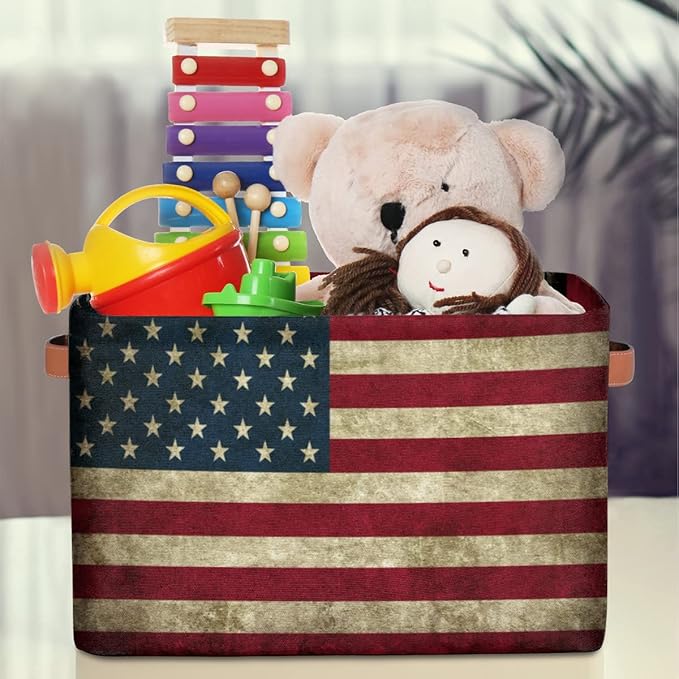 Pardick Storage Basket American USA Flag Large Foldable Organizer Storage Bins for Shelves Sturdy Canvas Cubes Storage Boxes with Handles for Toys Closet Nursery Office Living Room 15 x 11 x 9.5
