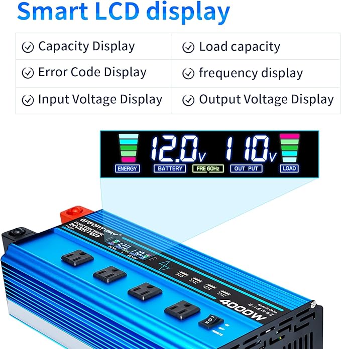 4000w Pure sine Wave Inverter DC 12V to AC 110V/120V Converter 8000w (Peak) with LCD Display Wireless/Wired Remote Control 4AC outlets and 4USB.Ideal for Camping RV Travel Off-Grid Solar Systems