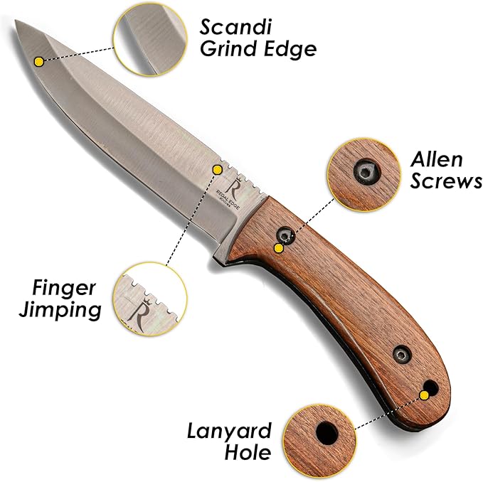 Bushcraft Knife - 9-Inch Scandi EDC Knife S30V Steel And Walnut Wood Handle Full Tang Fixed Blade with Premium Leather Sheath - For Camping Hunting Survival and Outdoor Use - Gifts For Men