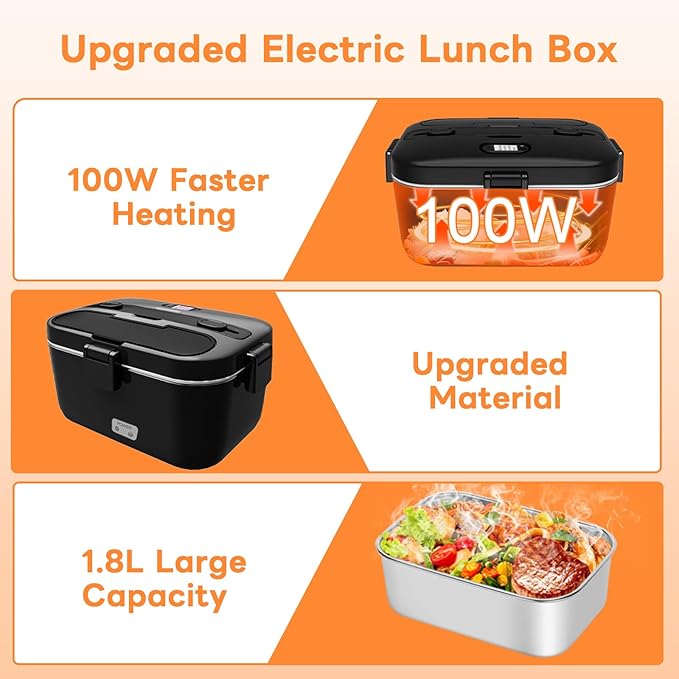 DUPASU Electric Lunch Box Food Warmer: 100W Heated Lunch Box for Adults 1.8L Portable Fast Heating Lunchbox Food Heater for Car Truck Work Travel Lonchera Elctrica Porttil 12/24V/110-230V (Black)