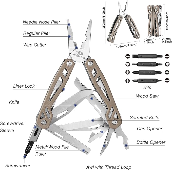 MOSSY OAK Multitool 22-in-1 Stainless Steel Pliers with Screwdriver Sleeve Desert Steel Handle Self-locking Knife with Sheath-Perfect for Outdoor Survival Camping Hiking Simple Repair