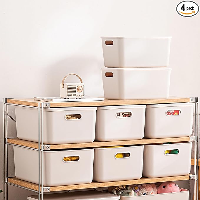 Plastic Storage Bins with Lid White Stackable Storage Basket Organizer Box Sturdy Containers Organizing Lidded Bins for Shelves Cabinet Desk Pantry Bedroom Book Toys (gray 6L+2M)
