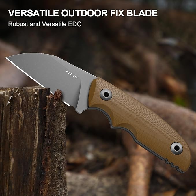 Kizer Snick Fixed Blade Knife with Sheath 2.68 AEB-L Steel Sheepfoot Camping Knife with Brown G10 Handle EDC Knives for Hiking 1085A2