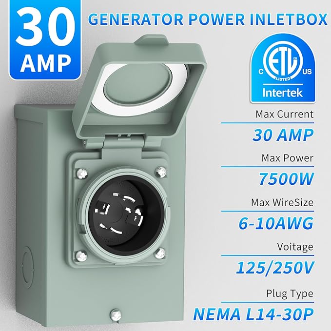BEBOBLY Generator Inlet Box 30 Amp NEMA L14-30P Power Inlet Box for 4 Prong Generator Cord 7500W 125/250V Receptacle for Outdoor Use Generator AccessoriesWeatherproof ETL Listed