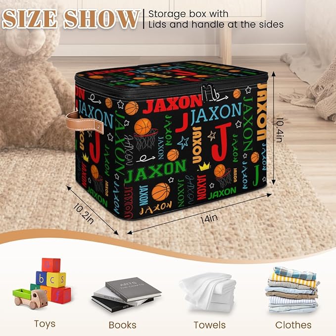 Custom Storage Bins with Zipper Lid Personalized Basketball Fabric Lidded Storage Baskets Boxes Foldable Cubes Clothes Organizer Container Ball