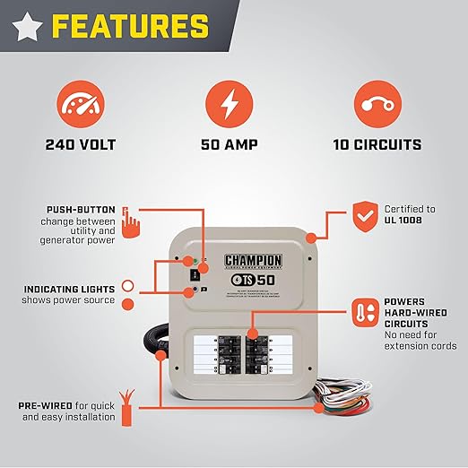 Champion Power Equipment 50-Amp Indoor-Rated Manual Transfer Switch with 30-Foot Generator Power Cord and Weather-Resistant Power Inlet Box