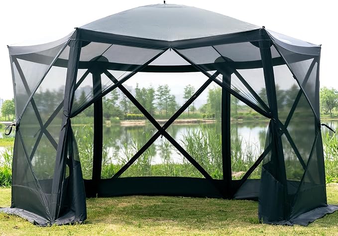 EVER ADVANCED Pop Up Gazebo Screen House Tent for Camping 11.5 ft for 8-10 Person Instant Canopy Shelter with Netting Portable for Outdoor Backyard
