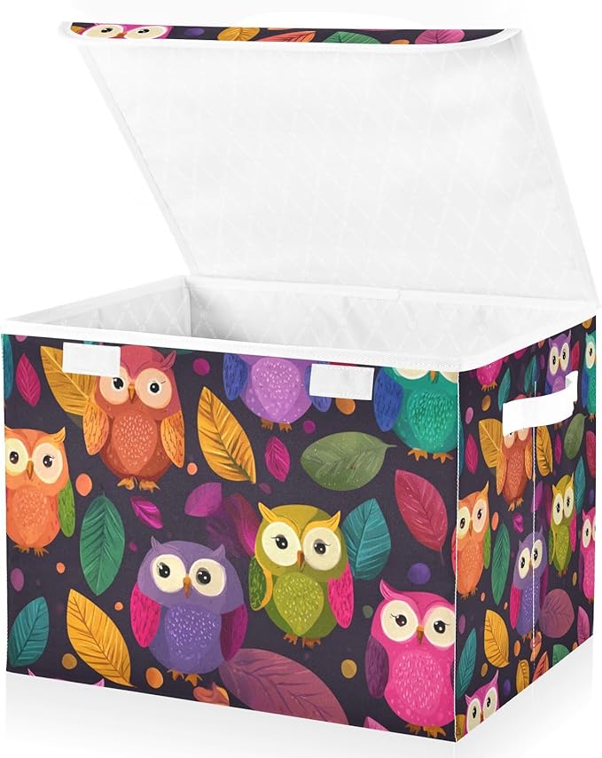 Storage Bins with Lids Storage Containers Box Organizer Bin Basket with Handles for Closet Shelves Clothes Stackable Foldable Decorative Black Owl and Leaves