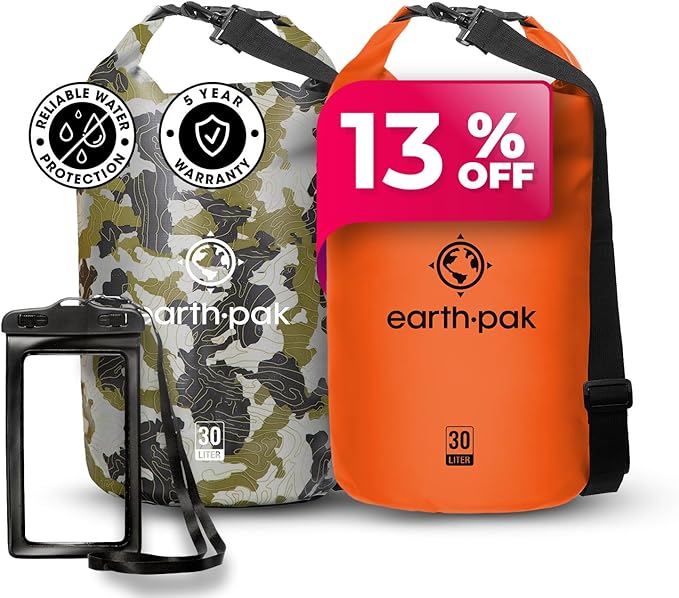 Earth Pak Waterproof Dry Bag - Roll Top Waterproof Backpack Sack (30L Camo &amp 30L Orange)
