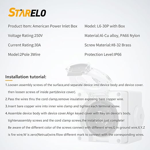STARELO 30 Amp NEMA L6-30P Generator Power Inlet Box250 VoltOutdoor dustproof and Weatherproof for generators Welding Machines etc.ETL Listed.(NEMA L6-30P Box)