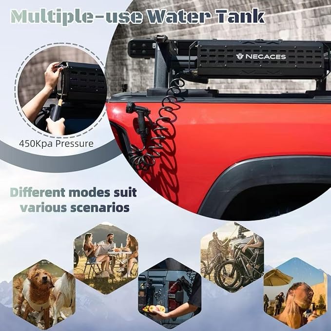 4.5-9 Gallon Pressurized Water TankPortable Aluminum Camping Shower Water Storage with Spray Hose for Overland Off-Road Vehicles Pick-up TrucksOutdoor Activities Water Supply.
